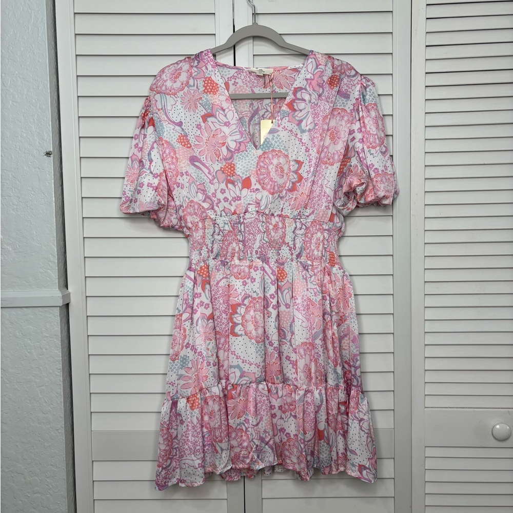 entro pink floral midi v-neck dress